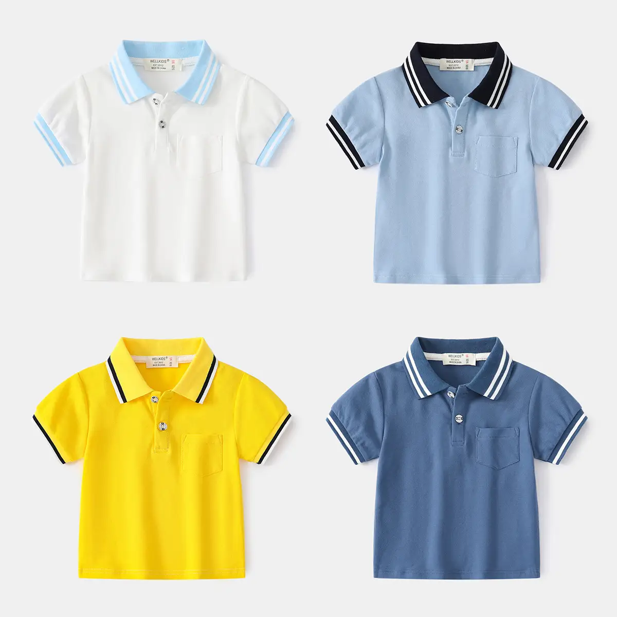 2023 Boys Cotton Polo Shirt White Blue Lapel - Image 5