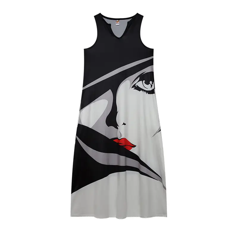 2022 V-Neck Letter Print Sleeveless Long Dress Black — feature 10