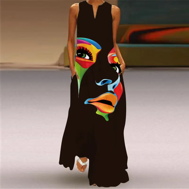 2022 V-Neck Letter Print Sleeveless Long Dress Black — feature 5