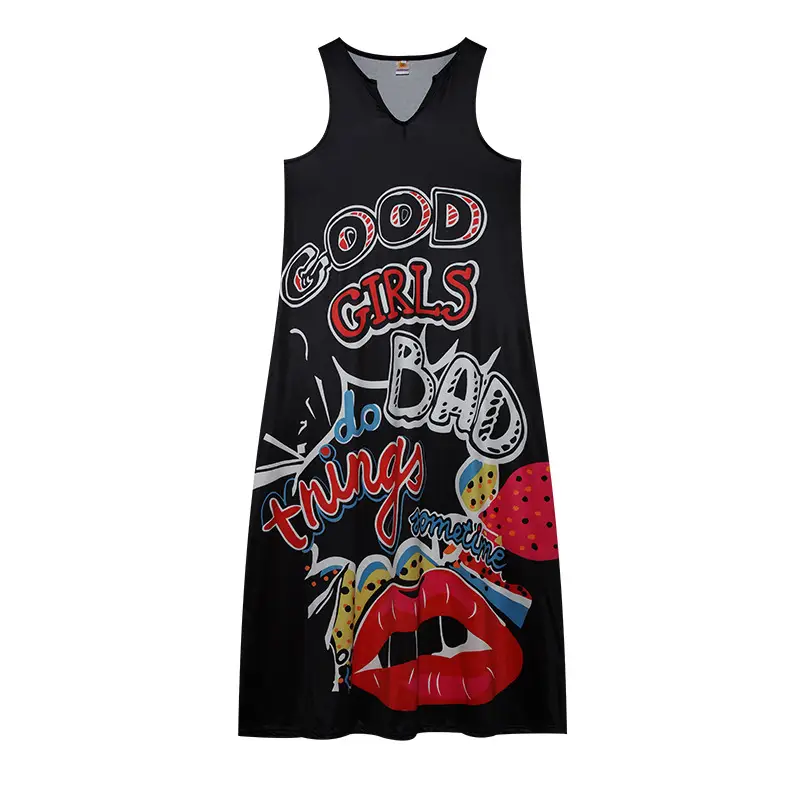 2022 V-Neck Letter Print Sleeveless Long Dress Black — feature 8