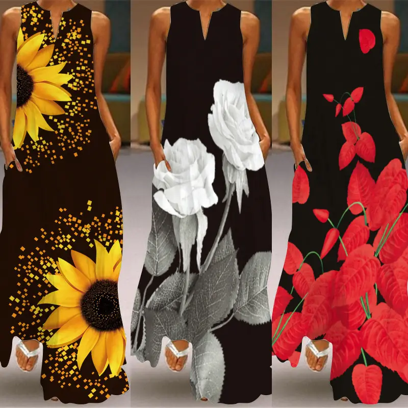 Women Sleeveless Long Dress V-Neck Rose Print Black — feature 2