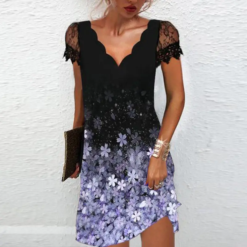 2022 Women's Black White Floral Lace V-Neck Dress - Image 2