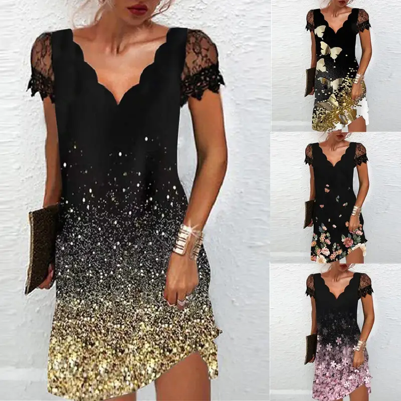 2022 Women's Black White Floral Lace V-Neck Dress — feature 2