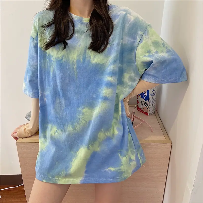 Tie-dye Short Sleeve T-Shirt Blue Green Loose Fit — feature 4