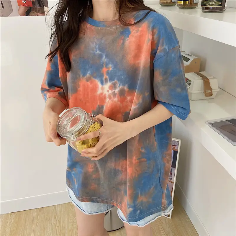 Tie-dye Short Sleeve T-Shirt Blue Green Loose Fit — feature 7