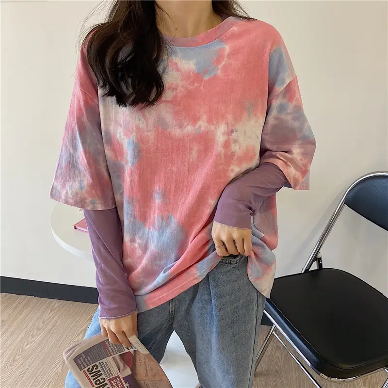 Tie-dye Short Sleeve T-Shirt Blue Green Loose Fit — feature 8
