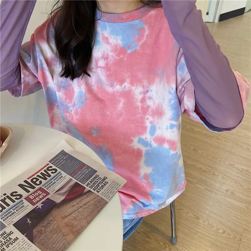 Tie-dye Short Sleeve T-Shirt Blue Green Loose Fit - Image 2