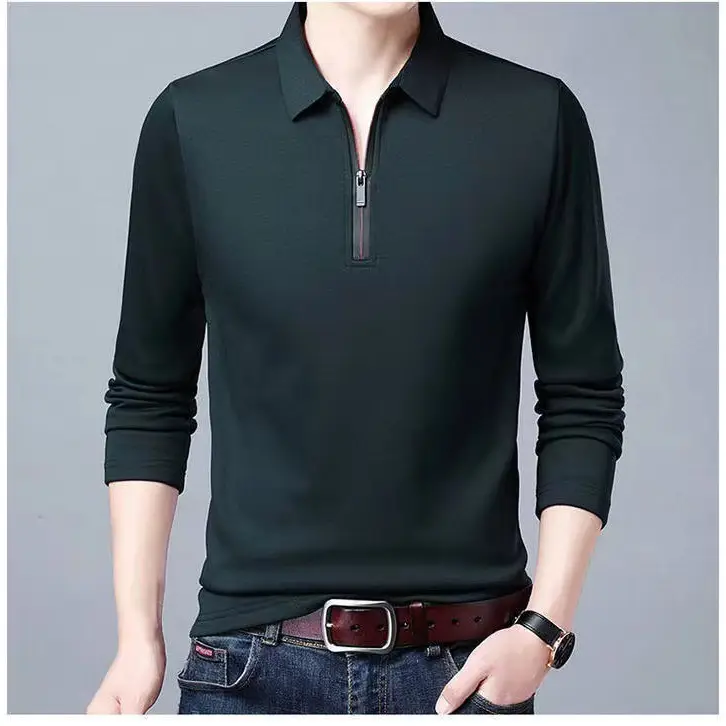 Men's Black Long Sleeve Polo Shirt with Zip Front - Image 10