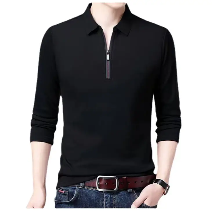 Men's Black Long Sleeve Polo Shirt with Zip Front - Image 11