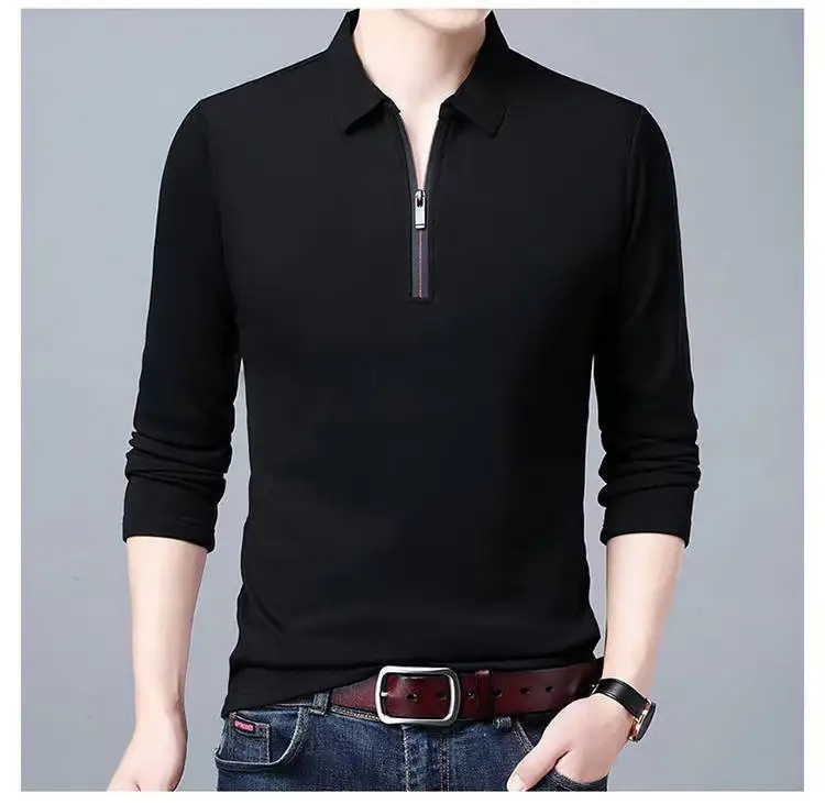 Men's Black Long Sleeve Polo Shirt with Zip Front - Image 3