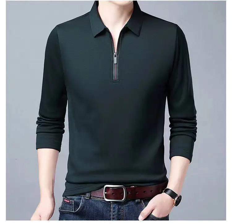 Men's Black Long Sleeve Polo Shirt with Zip Front - Image 6