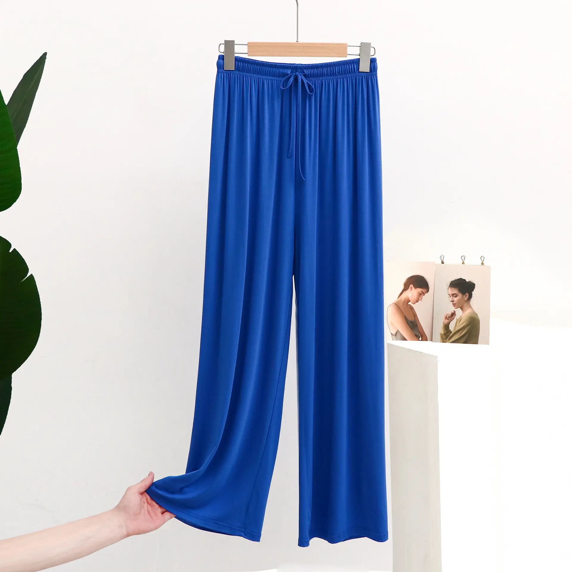 Blue Wide Leg Cotton Pants Large Elegant Casual - Image 4