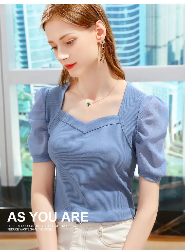 Women Ice Silk Bubble Sleeve Top Black Summer — feature 3