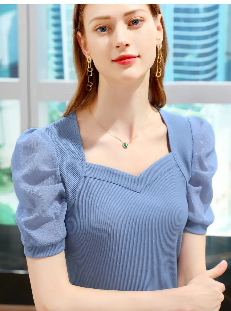 Women Ice Silk Bubble Sleeve Top Black Summer — feature 4