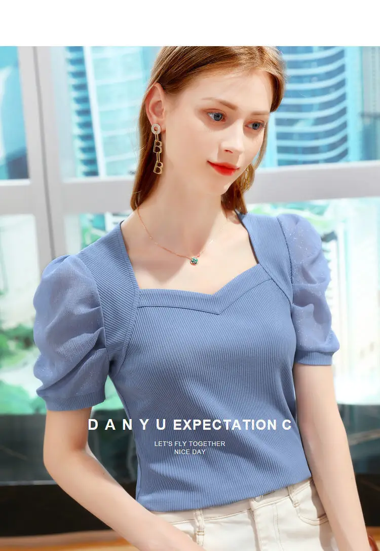 Women Ice Silk Bubble Sleeve Top Black Summer — feature 8
