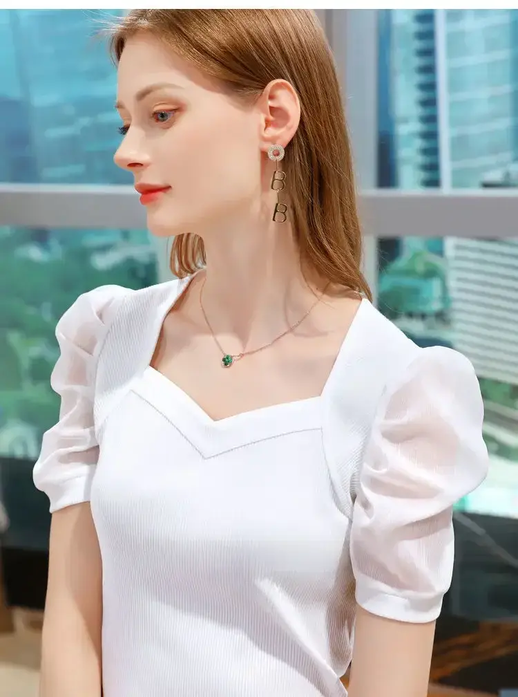 Women Ice Silk Bubble Sleeve Top Black Summer - Image 13