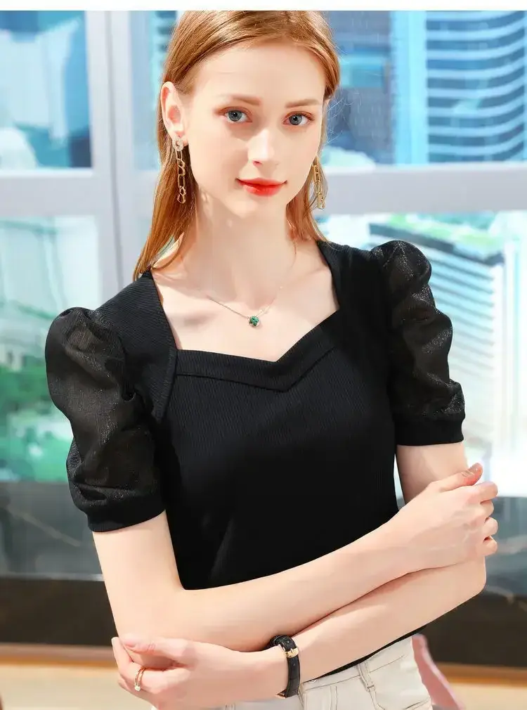 Women Ice Silk Bubble Sleeve Top Black Summer - Image 7