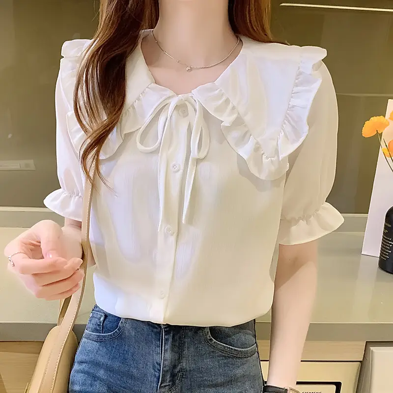 Women Doll Collar Shirt Blue Ruffled Chiffon 2024 - Image 5