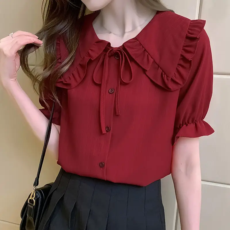 Women Doll Collar Shirt Blue Ruffled Chiffon 2024 - Image 2