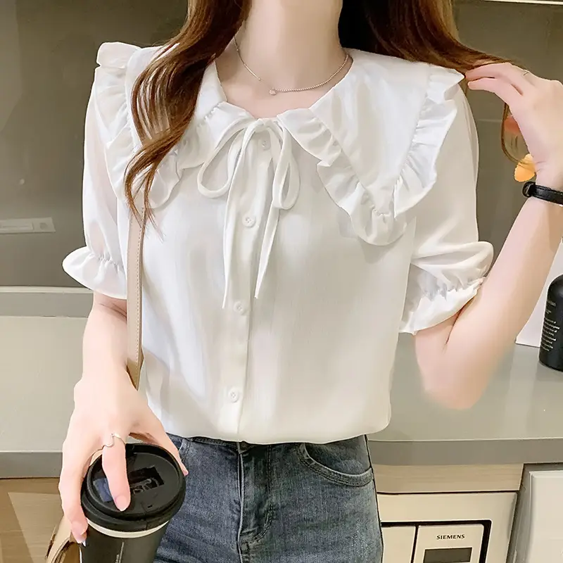 Women Doll Collar Shirt Blue Ruffled Chiffon 2024 - Image 6