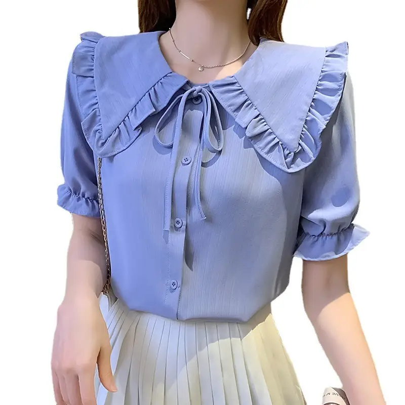 Women Doll Collar Shirt Blue Ruffled Chiffon 2024 - Image 7