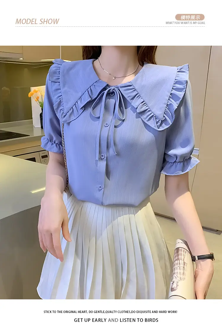 Women Doll Collar Shirt Blue Ruffled Chiffon 2024 — feature 13