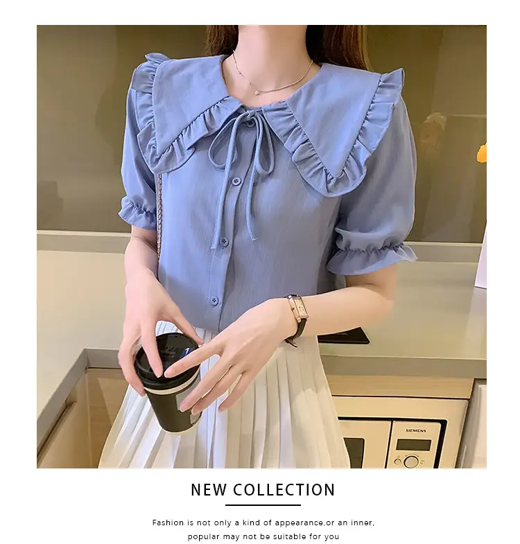 Women Doll Collar Shirt Blue Ruffled Chiffon 2024 — feature 15