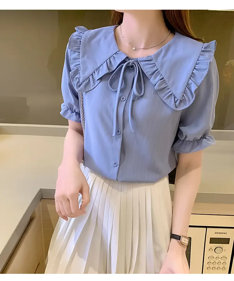 Women Doll Collar Shirt Blue Ruffled Chiffon 2024 — feature 16