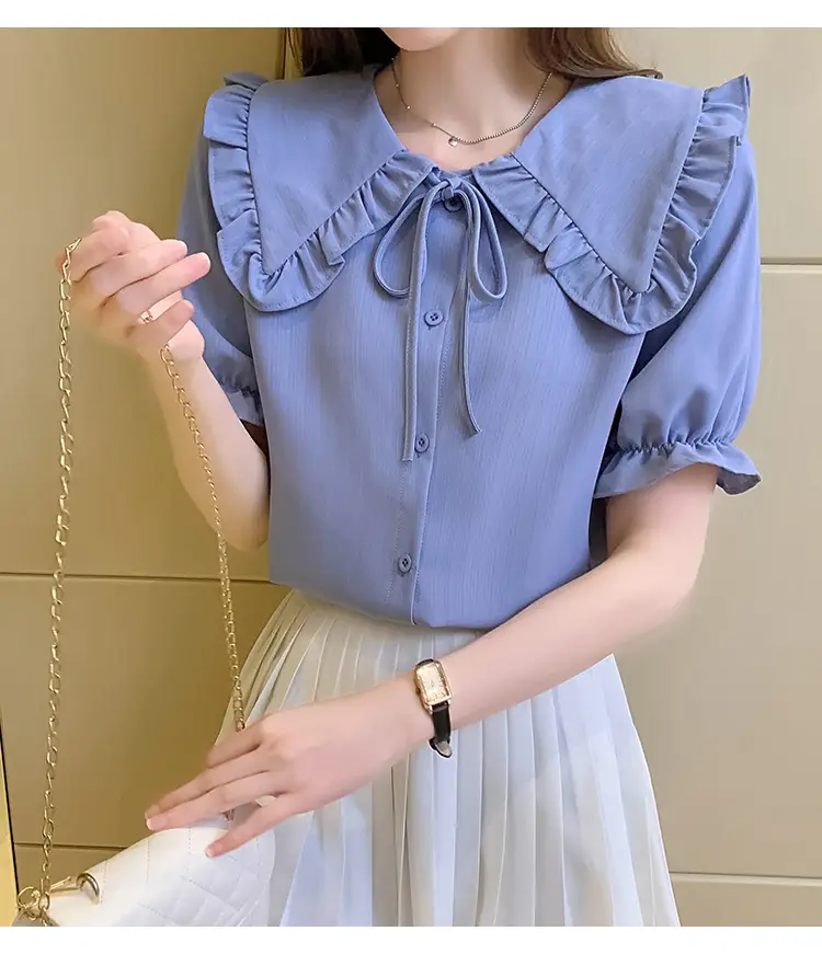 Women Doll Collar Shirt Blue Ruffled Chiffon 2024 — feature 17