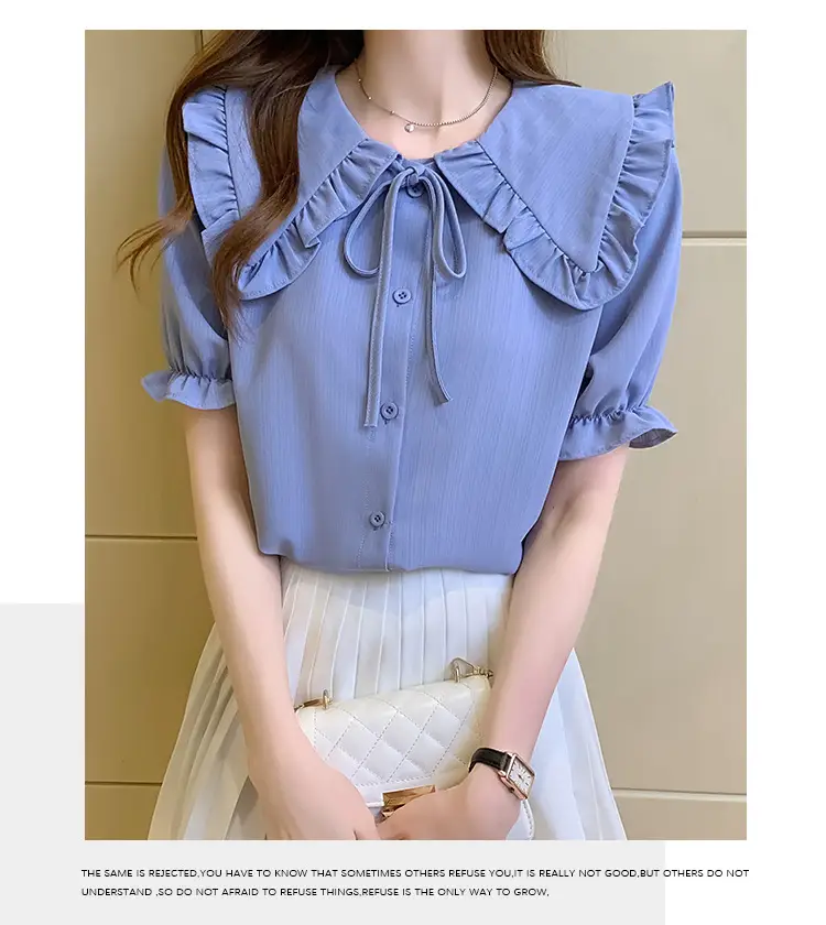Women Doll Collar Shirt Blue Ruffled Chiffon 2024 — feature 18