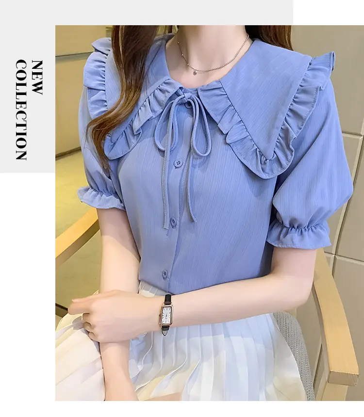 Women Doll Collar Shirt Blue Ruffled Chiffon 2024 — feature 19