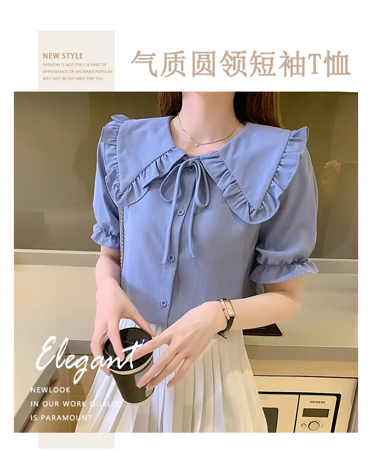 Women Doll Collar Shirt Blue Ruffled Chiffon 2024 — feature 2