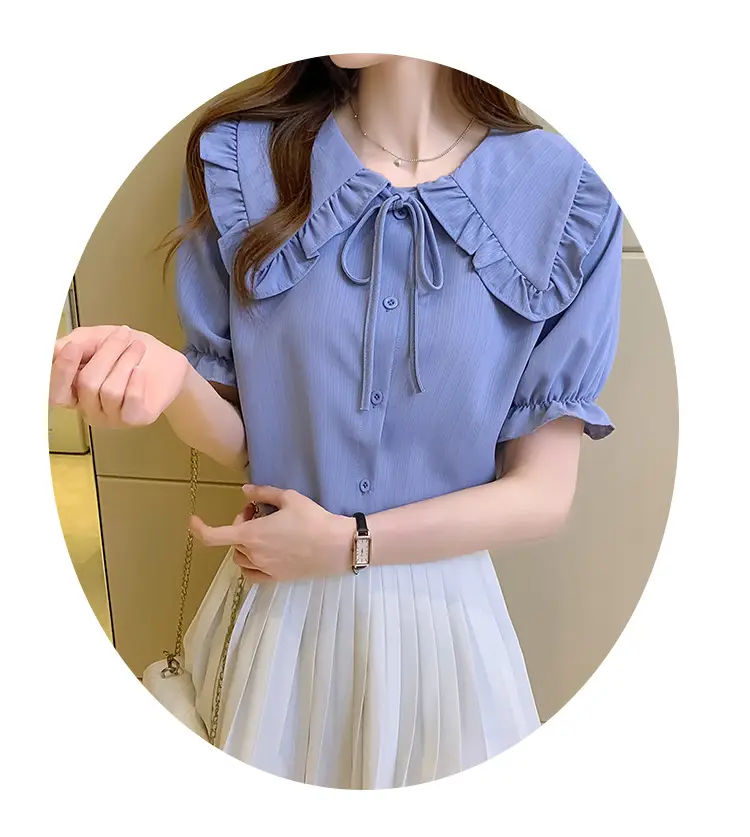 Women Doll Collar Shirt Blue Ruffled Chiffon 2024 — feature 20