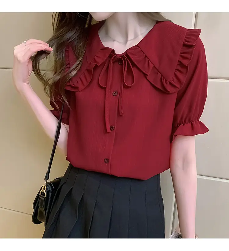 Women Doll Collar Shirt Blue Ruffled Chiffon 2024 — feature 22