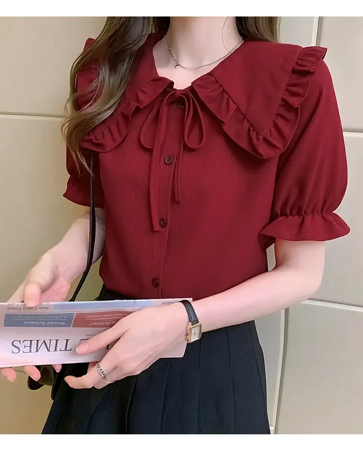 Women Doll Collar Shirt Blue Ruffled Chiffon 2024 — feature 23