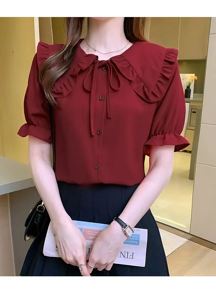 Women Doll Collar Shirt Blue Ruffled Chiffon 2024 — feature 24