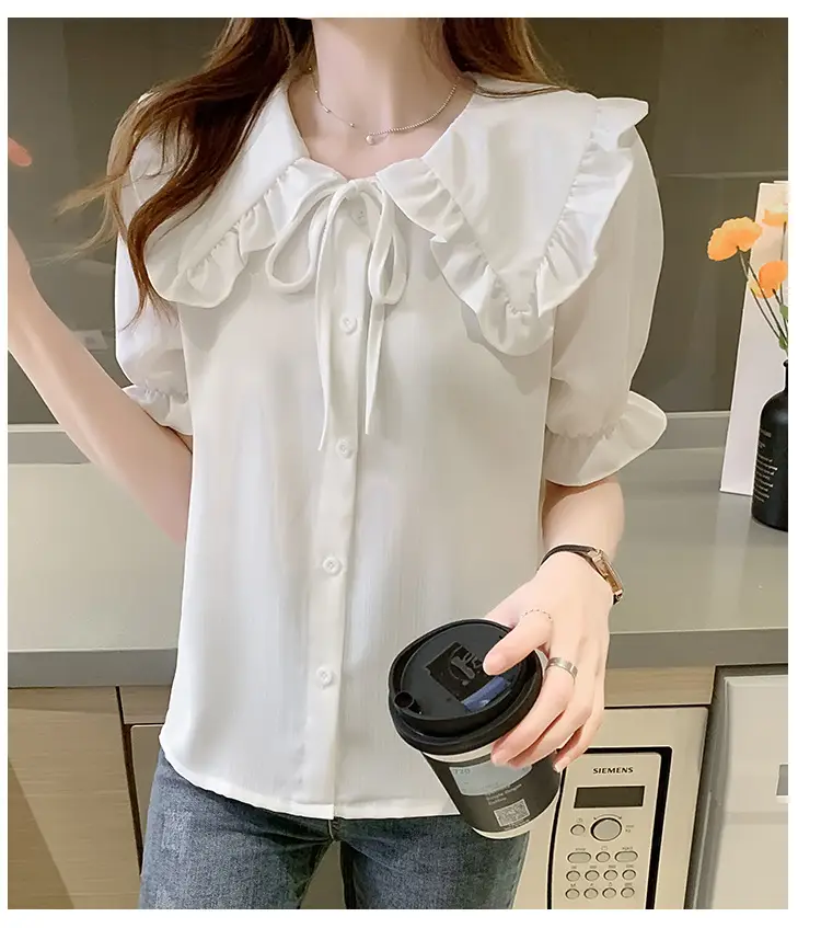Women Doll Collar Shirt Blue Ruffled Chiffon 2024 — feature 26