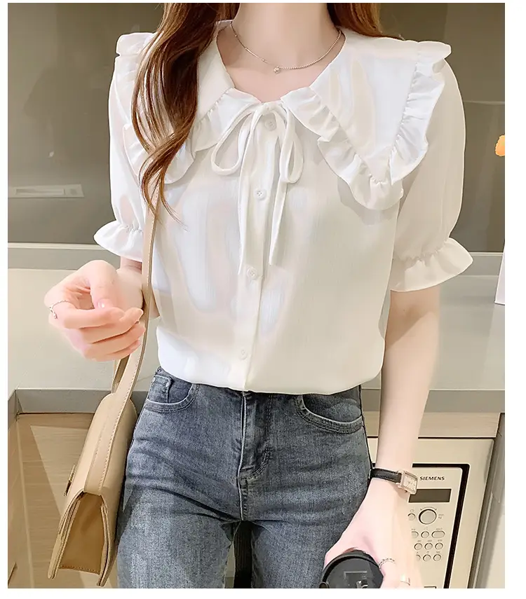 Women Doll Collar Shirt Blue Ruffled Chiffon 2024 — feature 28