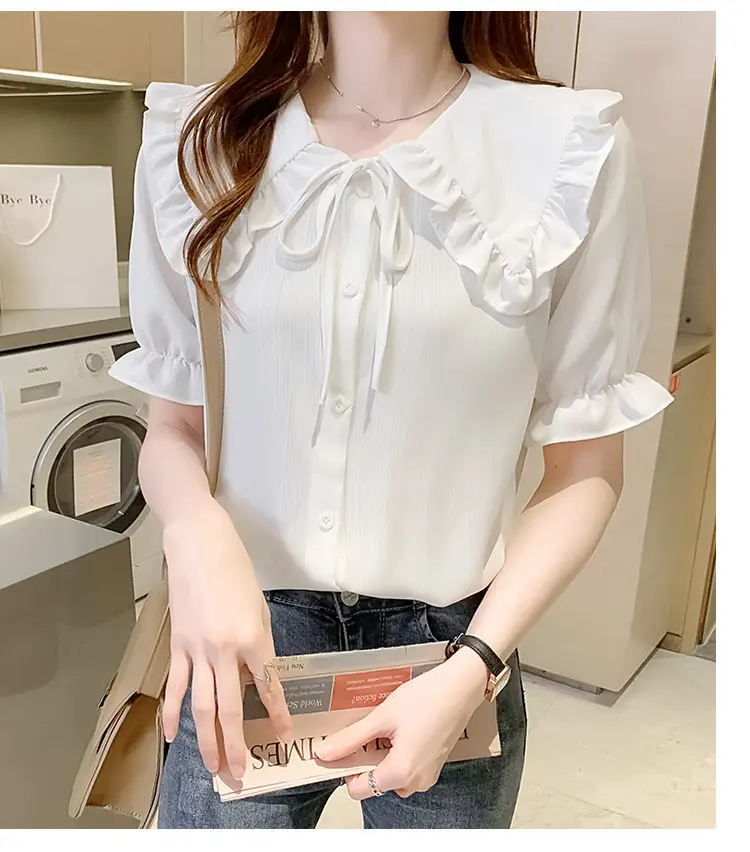 Women Doll Collar Shirt Blue Ruffled Chiffon 2024 — feature 29