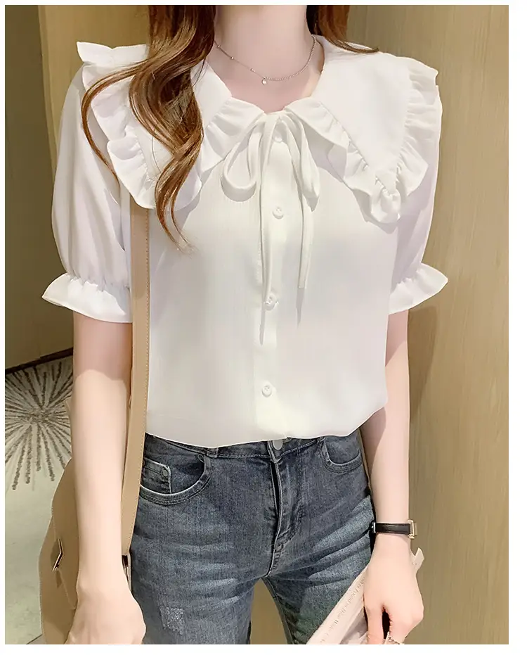 Women Doll Collar Shirt Blue Ruffled Chiffon 2024 — feature 31
