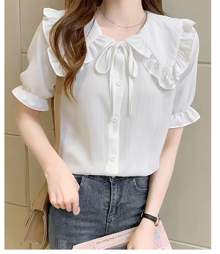Women Doll Collar Shirt Blue Ruffled Chiffon 2024 — feature 32
