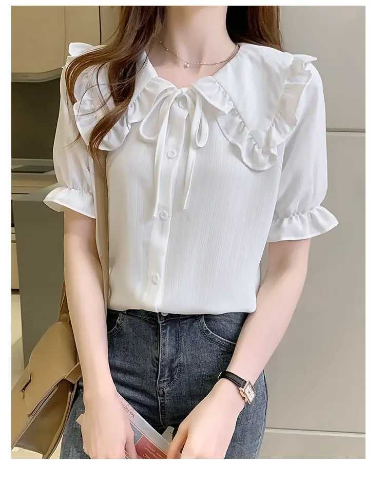 Women Doll Collar Shirt Blue Ruffled Chiffon 2024 — feature 33