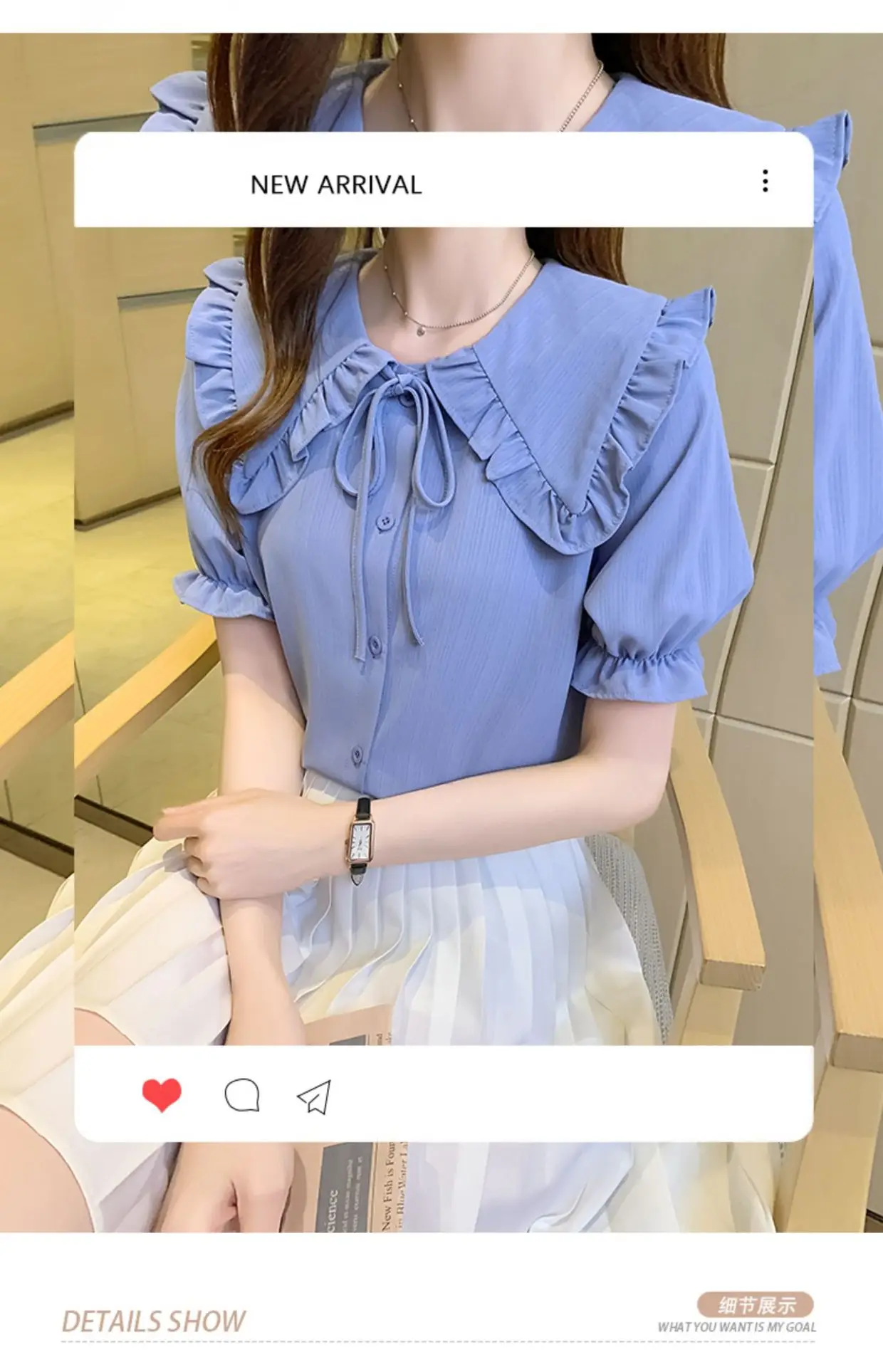 Women Doll Collar Shirt Blue Ruffled Chiffon 2024 — feature 5