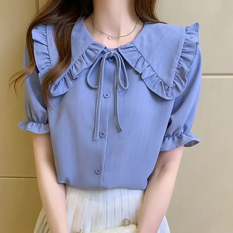 Women Doll Collar Shirt Blue Ruffled Chiffon 2024 - Image 3