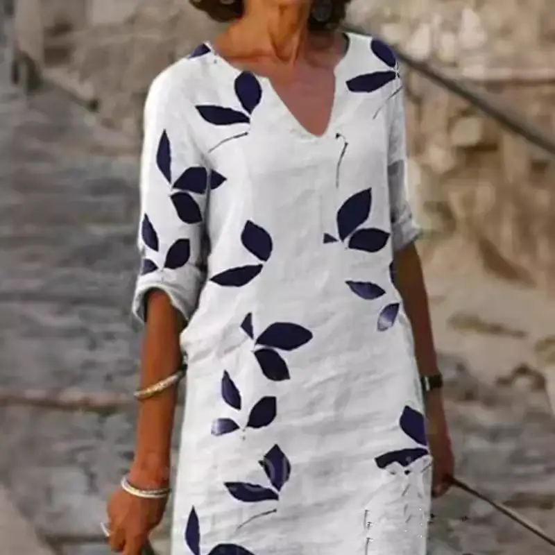 Women's Cross-Country Printed Linen Pullover Dress Brown