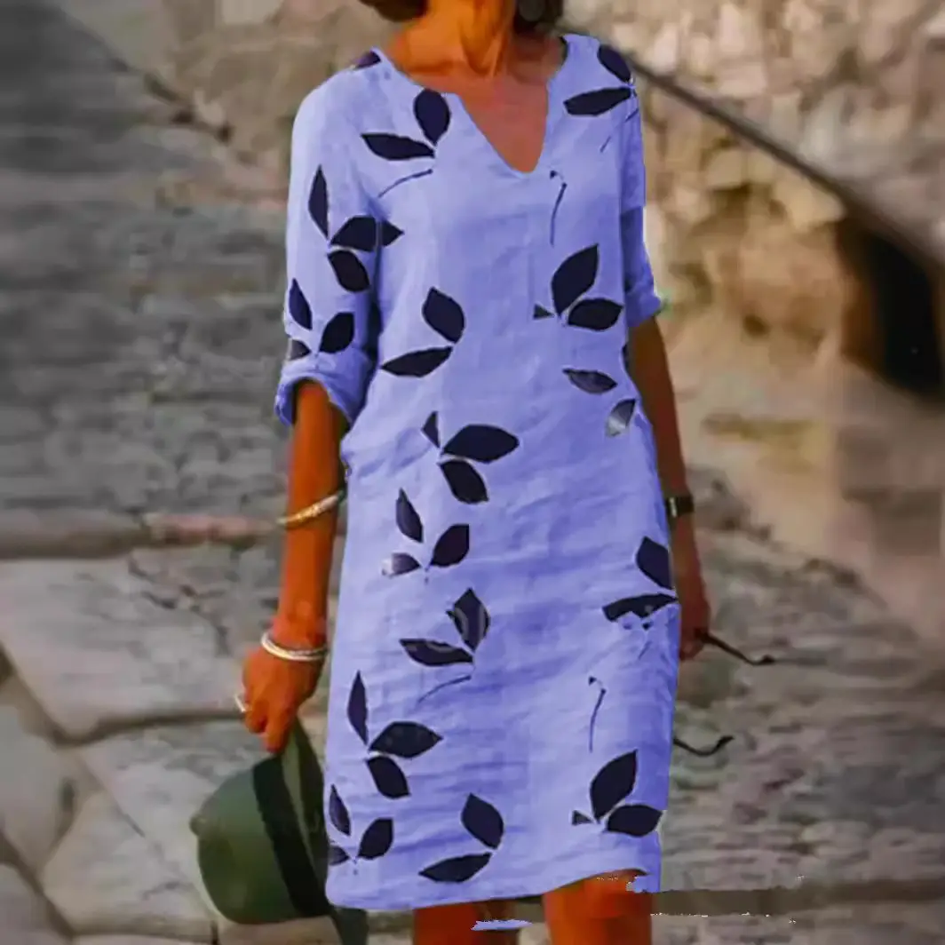 Women's Cross-Country Printed Linen Pullover Dress Brown