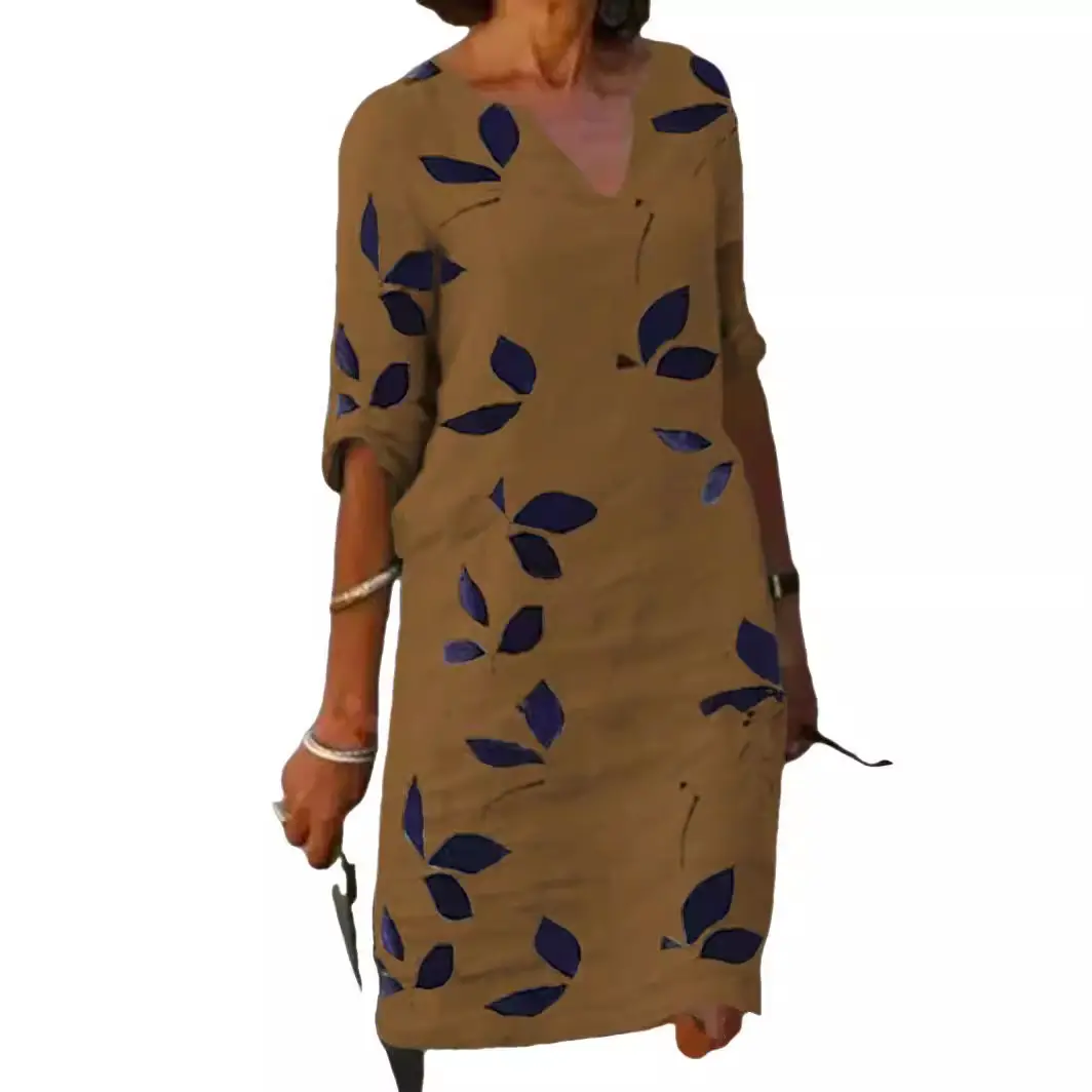 Women's Cross-Country Printed Linen Pullover Dress Brown