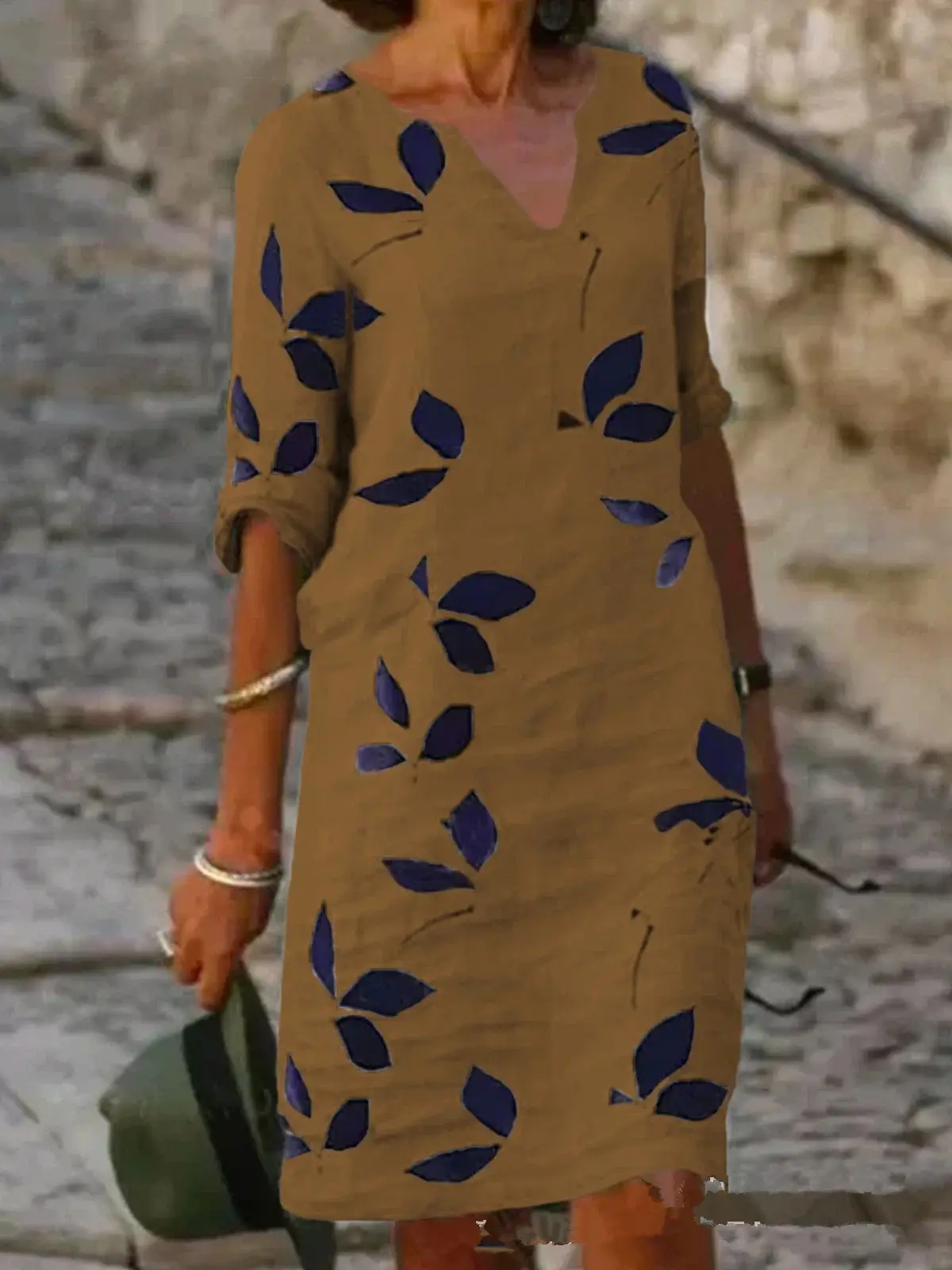 Women's Cross-Country Printed Linen Pullover Dress Brown