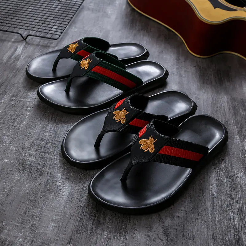 Men's Korean Style Black Flip Flops with Red Stripe
