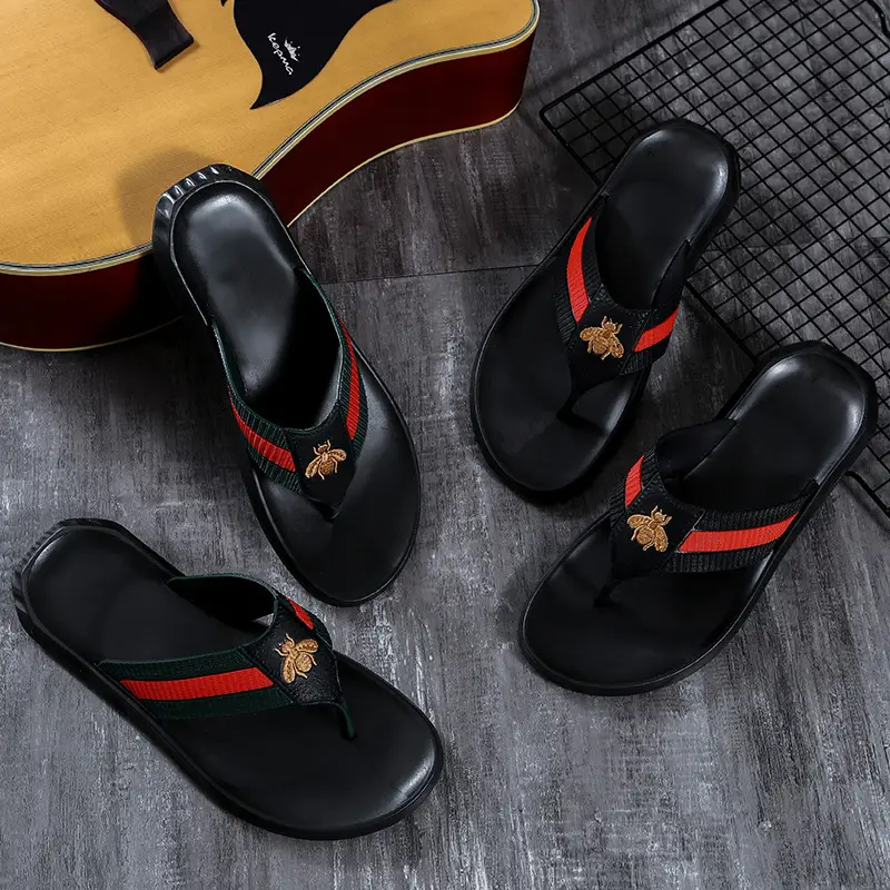 Men's Korean Style Black Flip Flops with Red Stripe